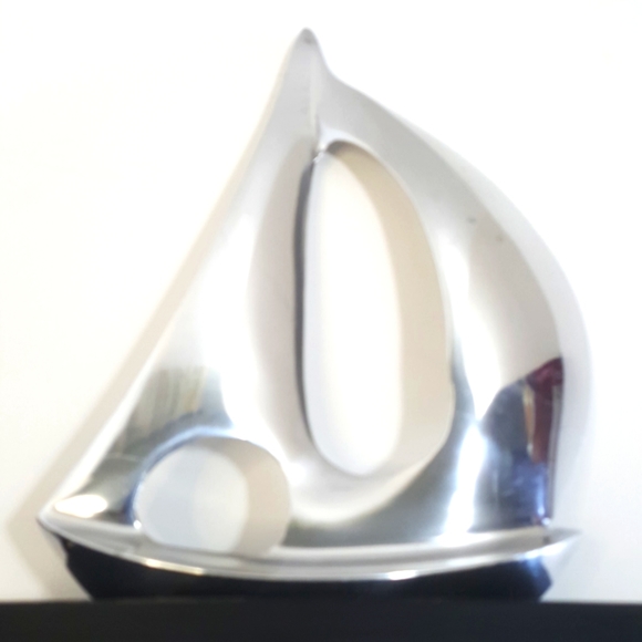 Sail Boat Spinnaker Silver Metal Aluminum Sculpture on Wood Stand - 8 in. tall - Picture 3 of 8